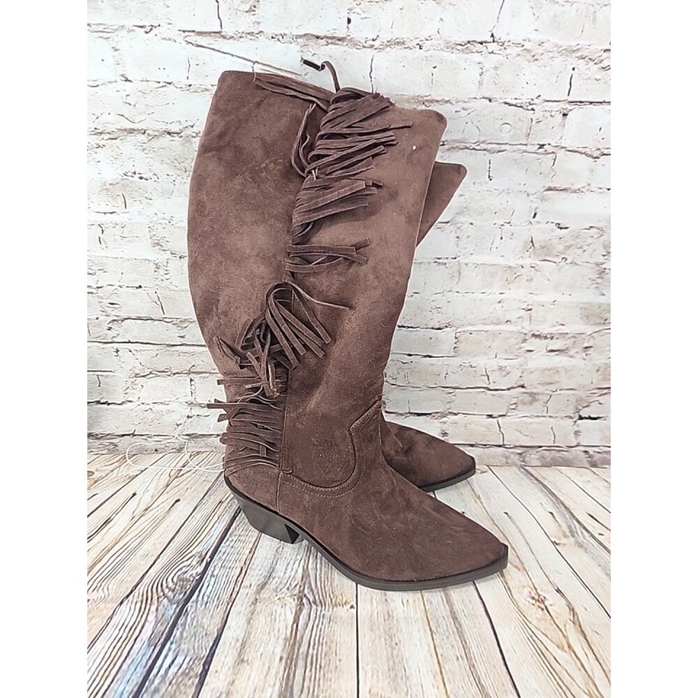 Universal Thread Womens Brown Faux Suede Fringe Western Tall Boots Size 9.5 NEW